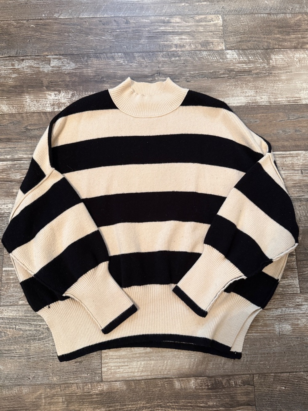 Altar’d State Striped Black and Cream Mock-Neck Sweater